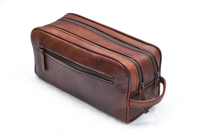 Brown Leather Toiletry Bag with Dual Zippers