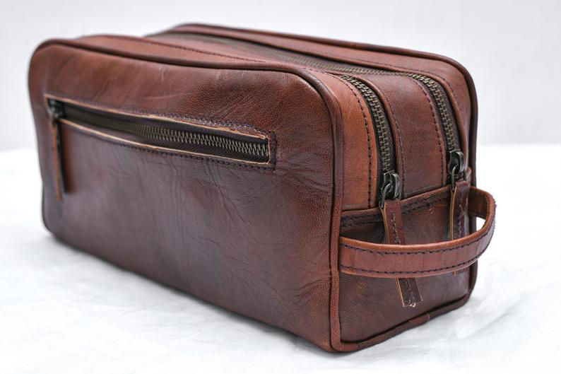 Brown Leather Toiletry Bag with Dual Zippers