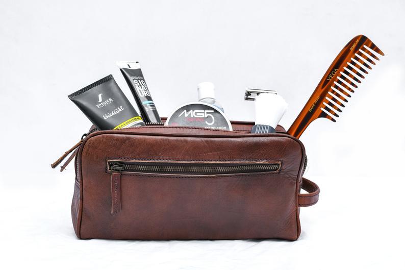 Brown Leather Toiletry Bag with Dual Zippers