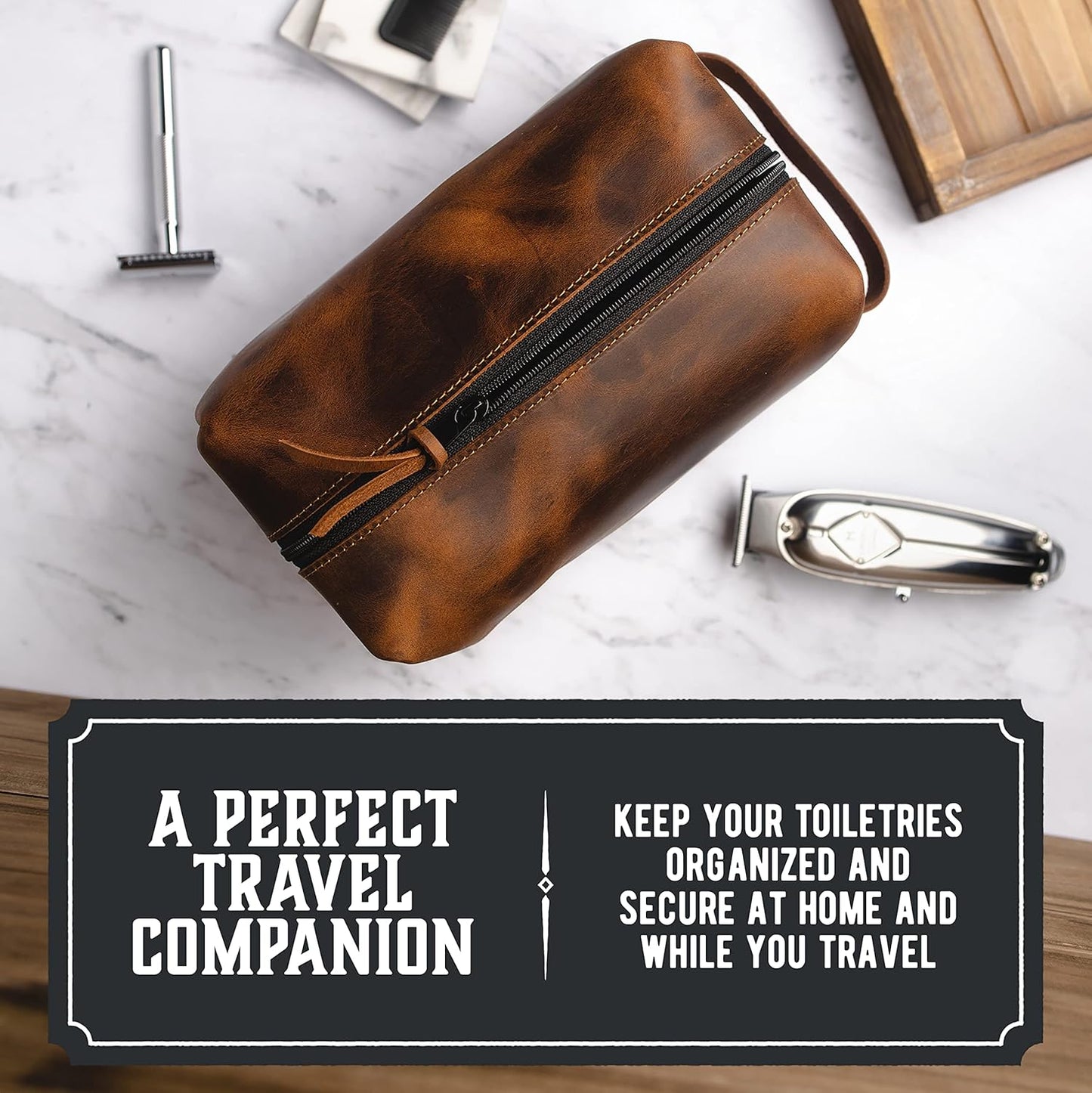 Classic Buff Leather Toiletry Bag in Full-Grain