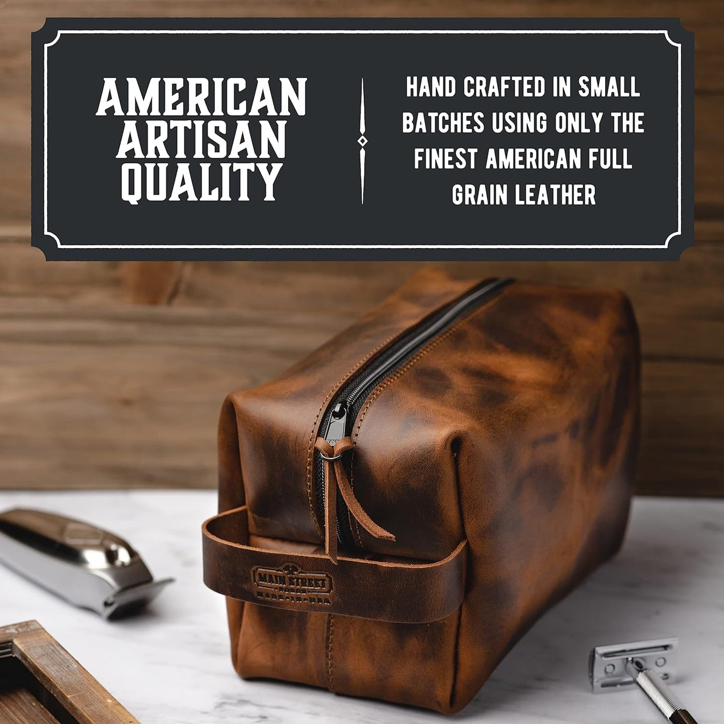Classic Buff Leather Toiletry Bag in Full-Grain