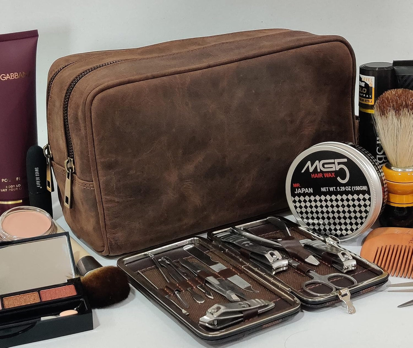 Dark Brown Full Grain Leather Toiletry Bag