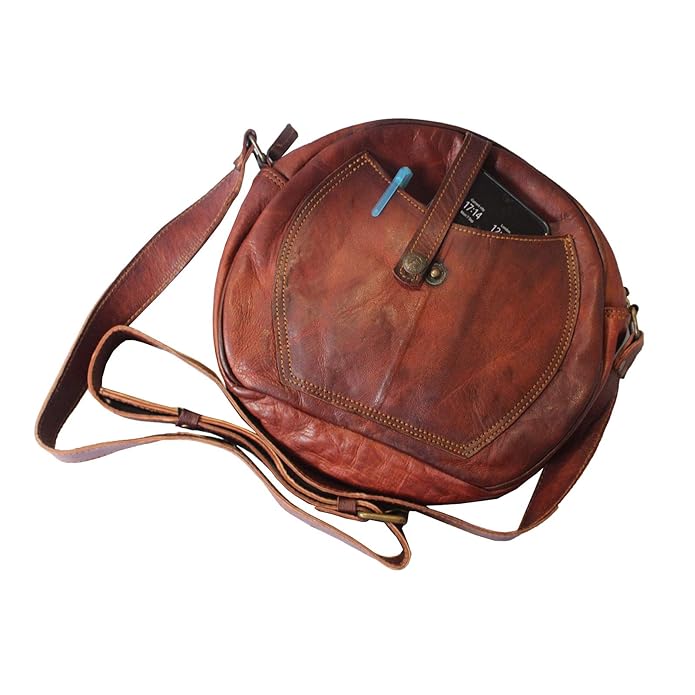 Estate Genuine Brown Leather Round Crossbody Hobo Bag