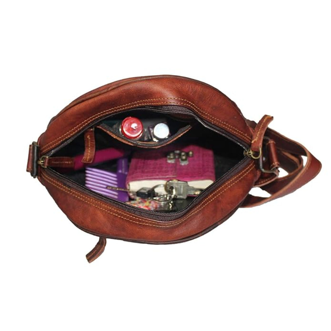 Estate Genuine Brown Leather Round Crossbody Hobo Bag