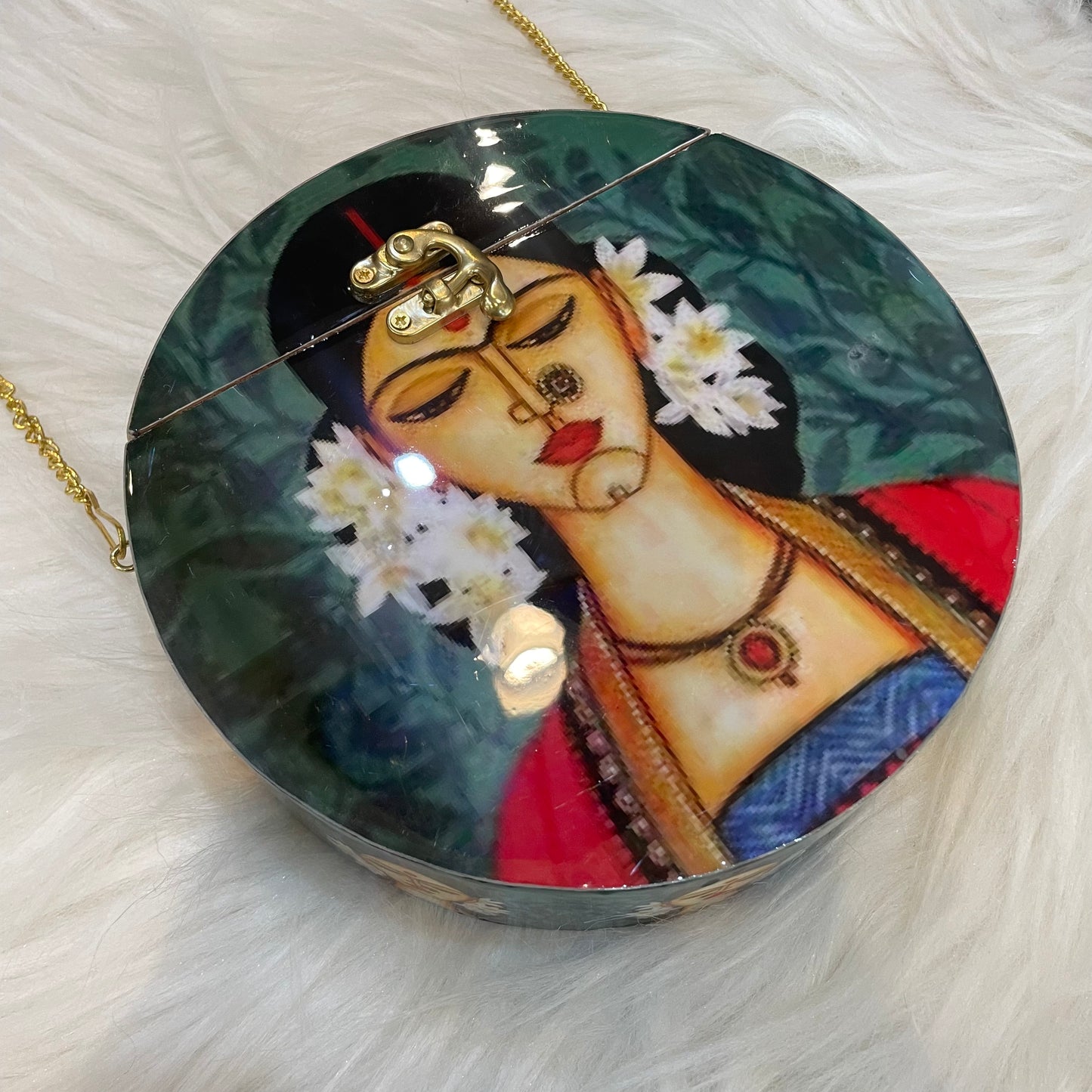 Handcrafted Circular Wooden Clutch with Girls Print