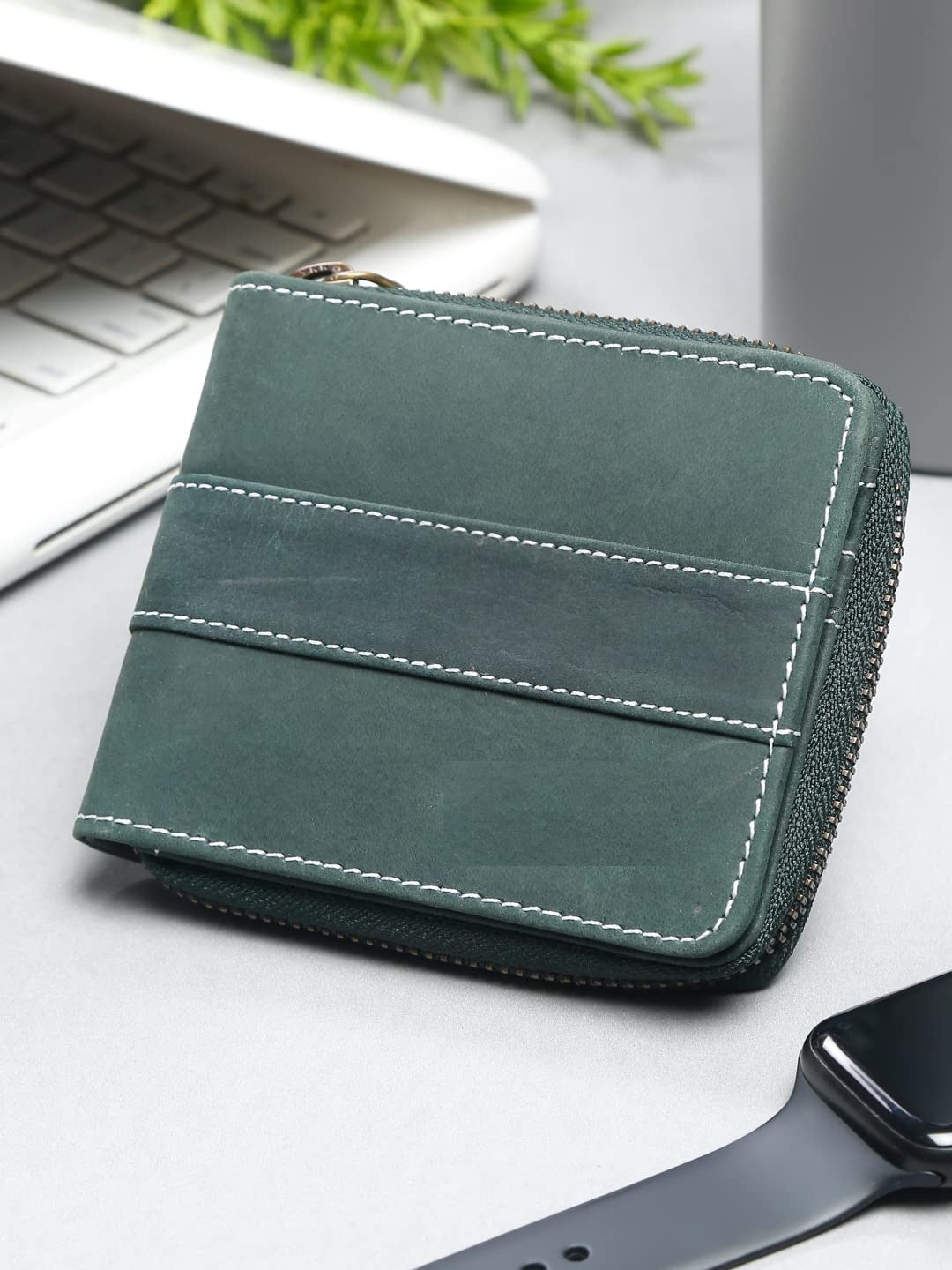 Men's Genuine Leather Zip Around Wallet ā Olive Green