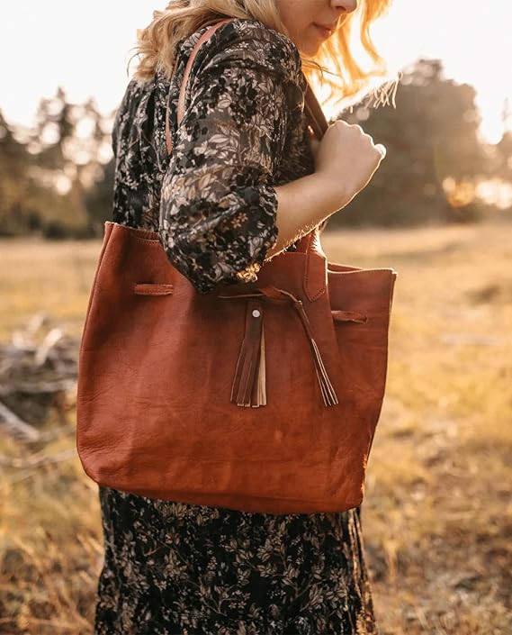 Stylish Women's Large Brown Leather Bucket Tote