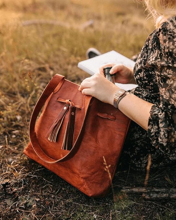 Stylish Women's Large Brown Leather Bucket Tote