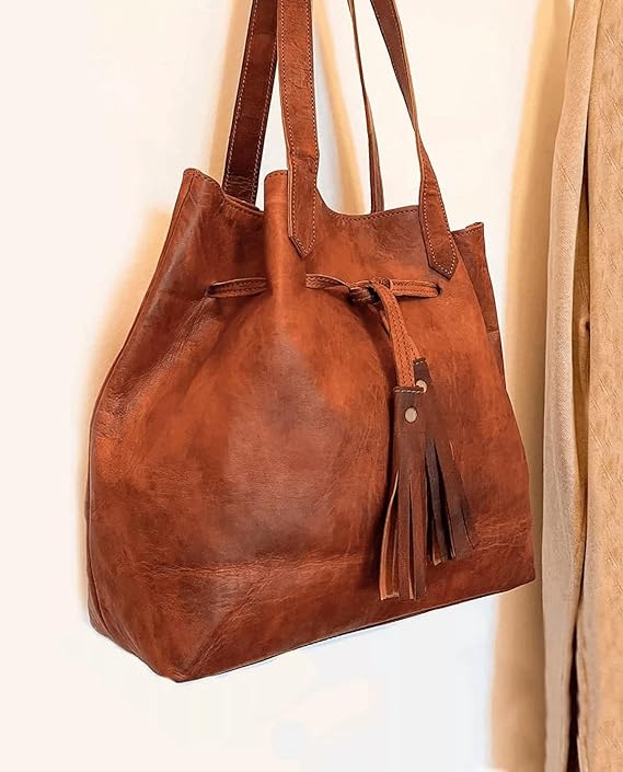 Stylish Women's Large Brown Leather Bucket Tote