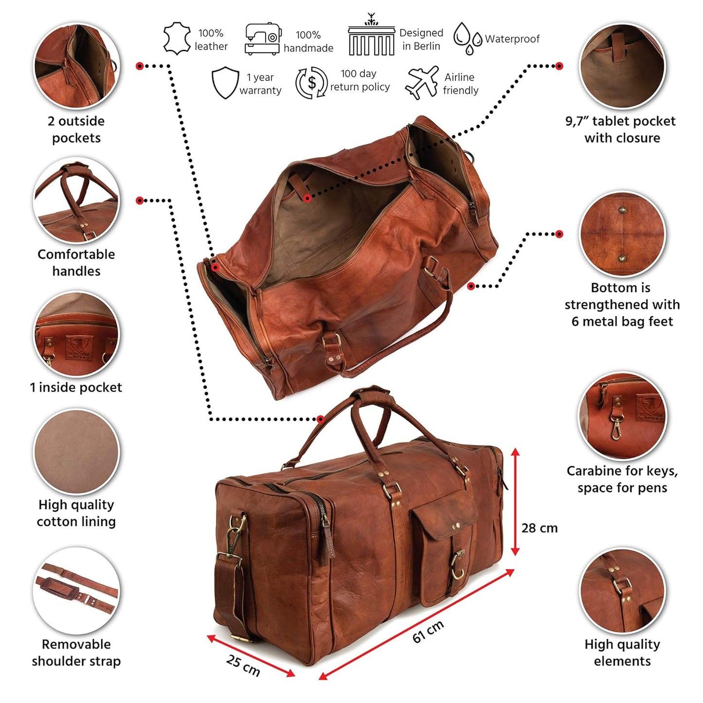 Vintage Duffle Weekender Shoulder Bag Men's