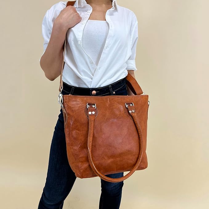 Vintage Brown Leather Tote Handbag for Women