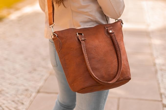 Vintage Brown Leather Tote Handbag for Women