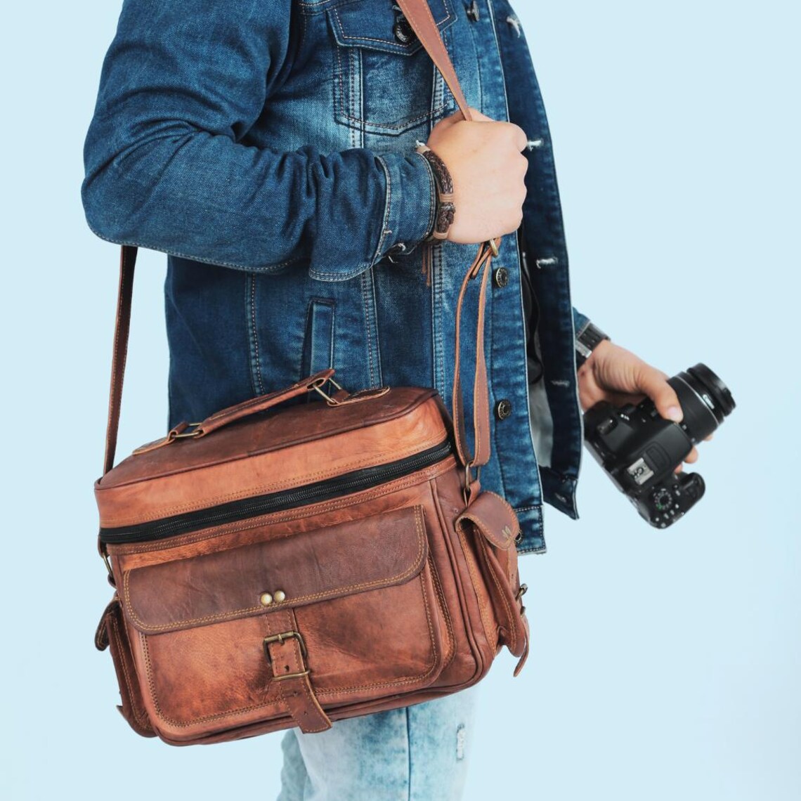 Vintage Leather Camera Bag β DSLR Shoulder Messenger Satchel