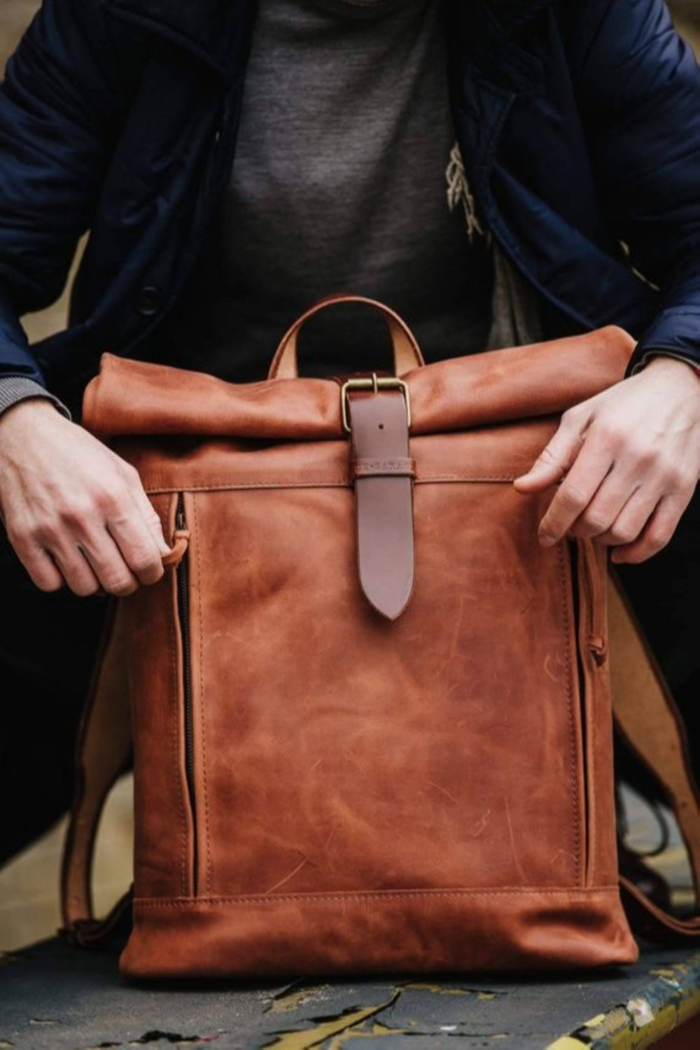 Brown Rolling Backpack from Genuine Leather