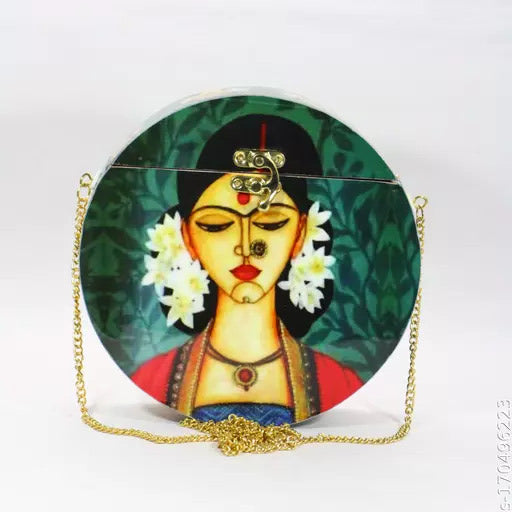 Handcrafted Circular Wooden Clutch with Girls Print