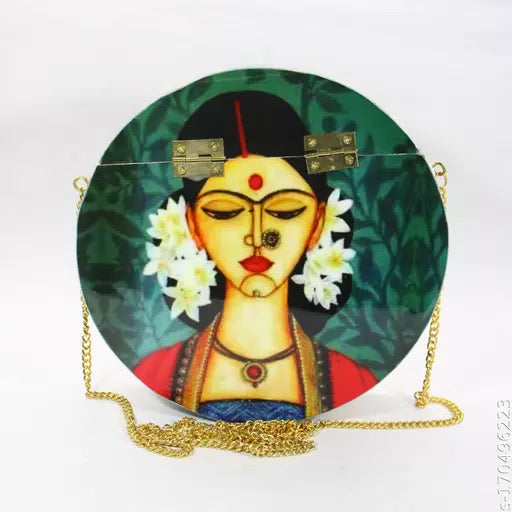Handcrafted Circular Wooden Clutch with Girls Print