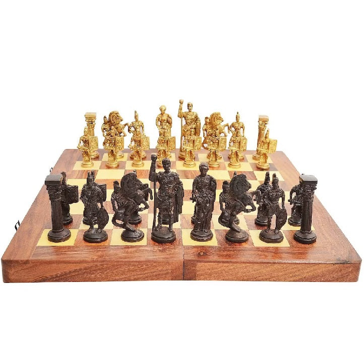 Handmade Brass Chess Set With Wooden Board
