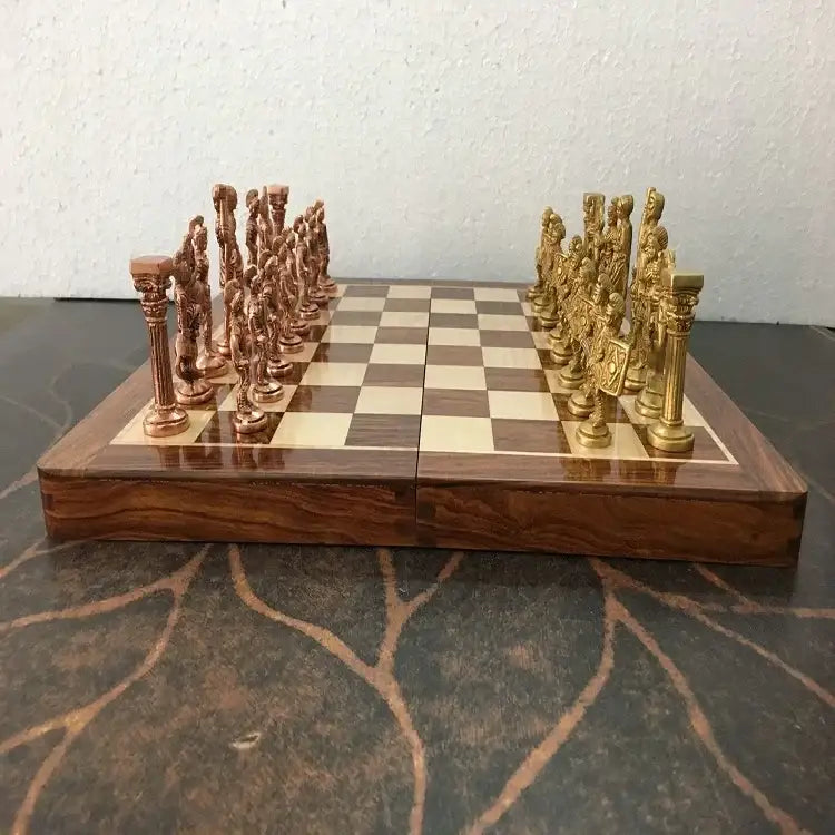Antique Folding Wooden Brass Chess Board