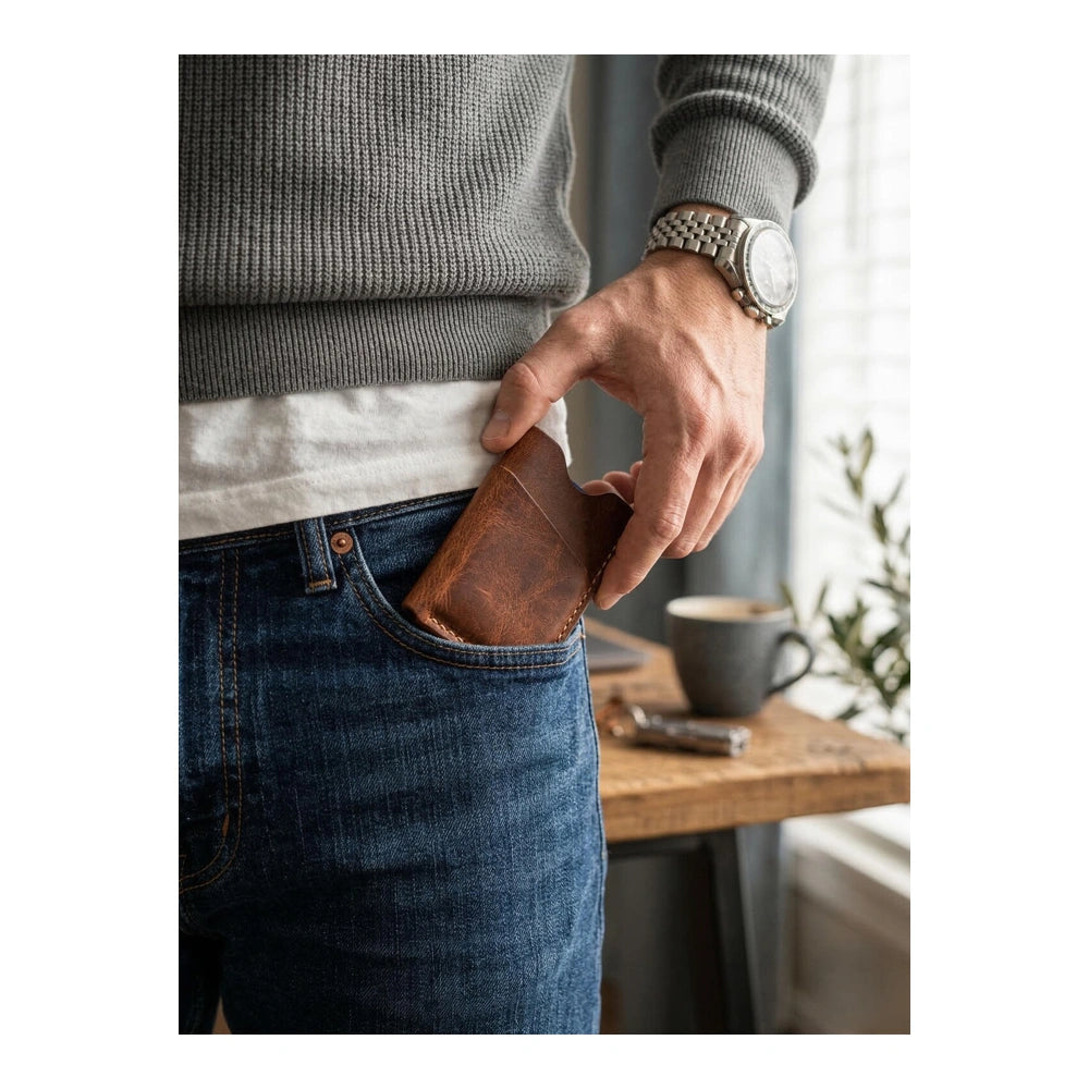 Slim leather wallet in front pocket for men everyday carry minimalist card holder usage