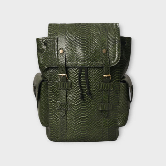 Genuine Leather Green Croco Print Multi-Purpose Backpack for Men