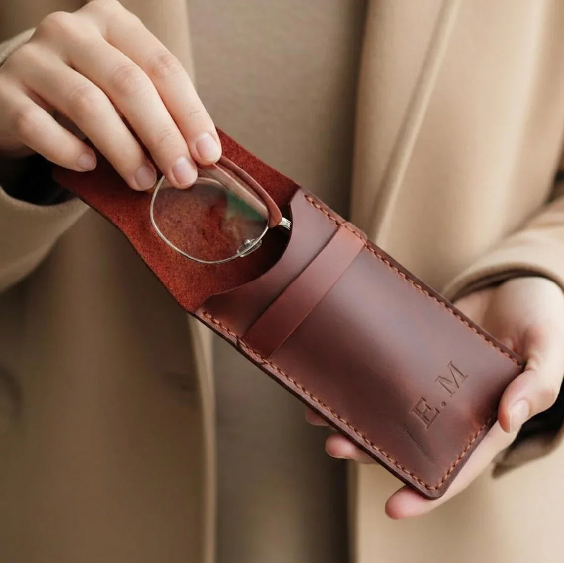 Handcrafted Brown Leather Eyeglass Case