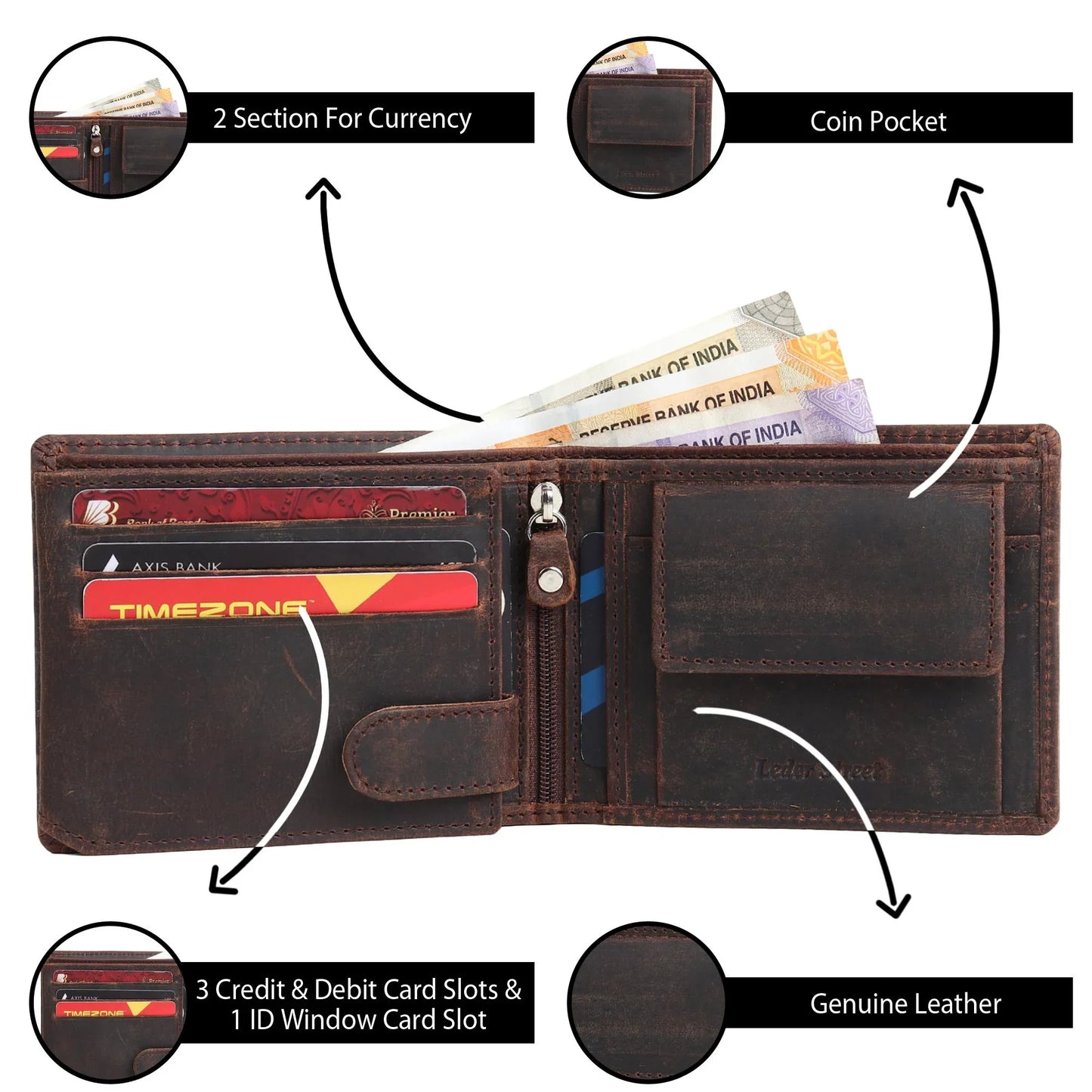 Men’s Brown Leather Wallet Vintage Biker Design