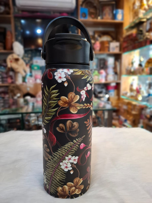 Stylish Black Leaf & Floral 750 ml Steel Sipper Bottle