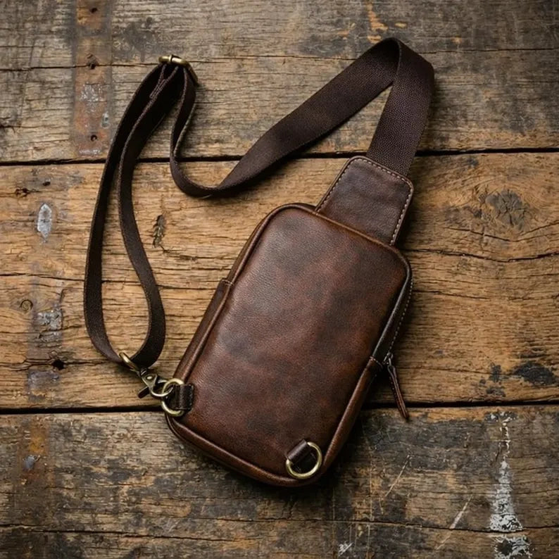 Men’s Genuine Leather Chest Bag – Crossbody Sling Backpack