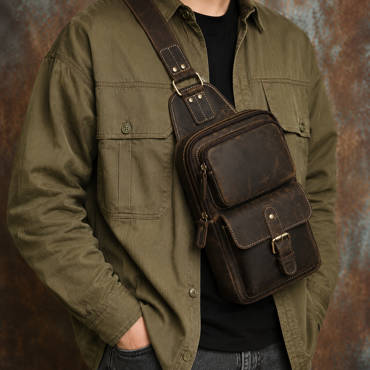 Handmade Full-Grain Leather Crossbody Bag with Adjustable Strap