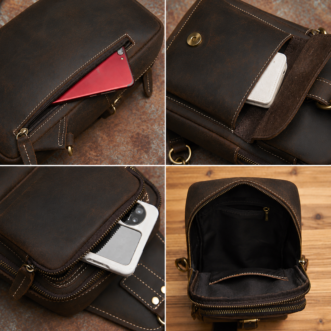 Handmade Full-Grain Leather Crossbody Bag with Adjustable Strap