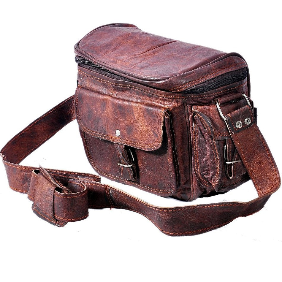 Vintage Leather Camera Bag With Shoulder Strap