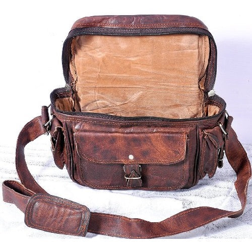 Vintage Leather Camera Bag With Shoulder Strap