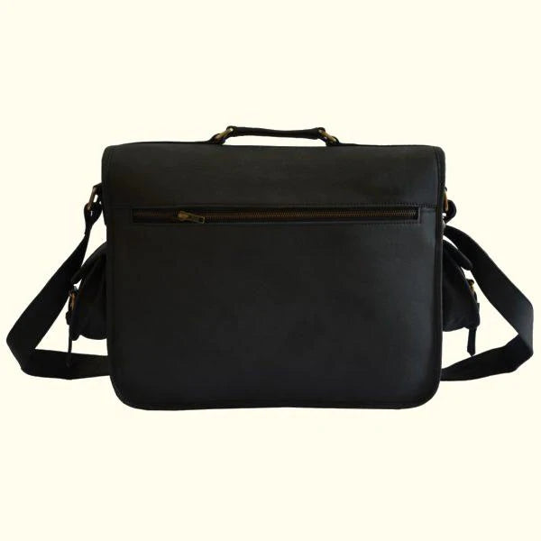BLACK LEATHER MESSENGER CROSSBODY BAG